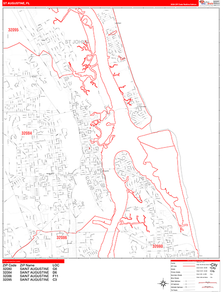 St. Augustine City Wall Map Red Line Style